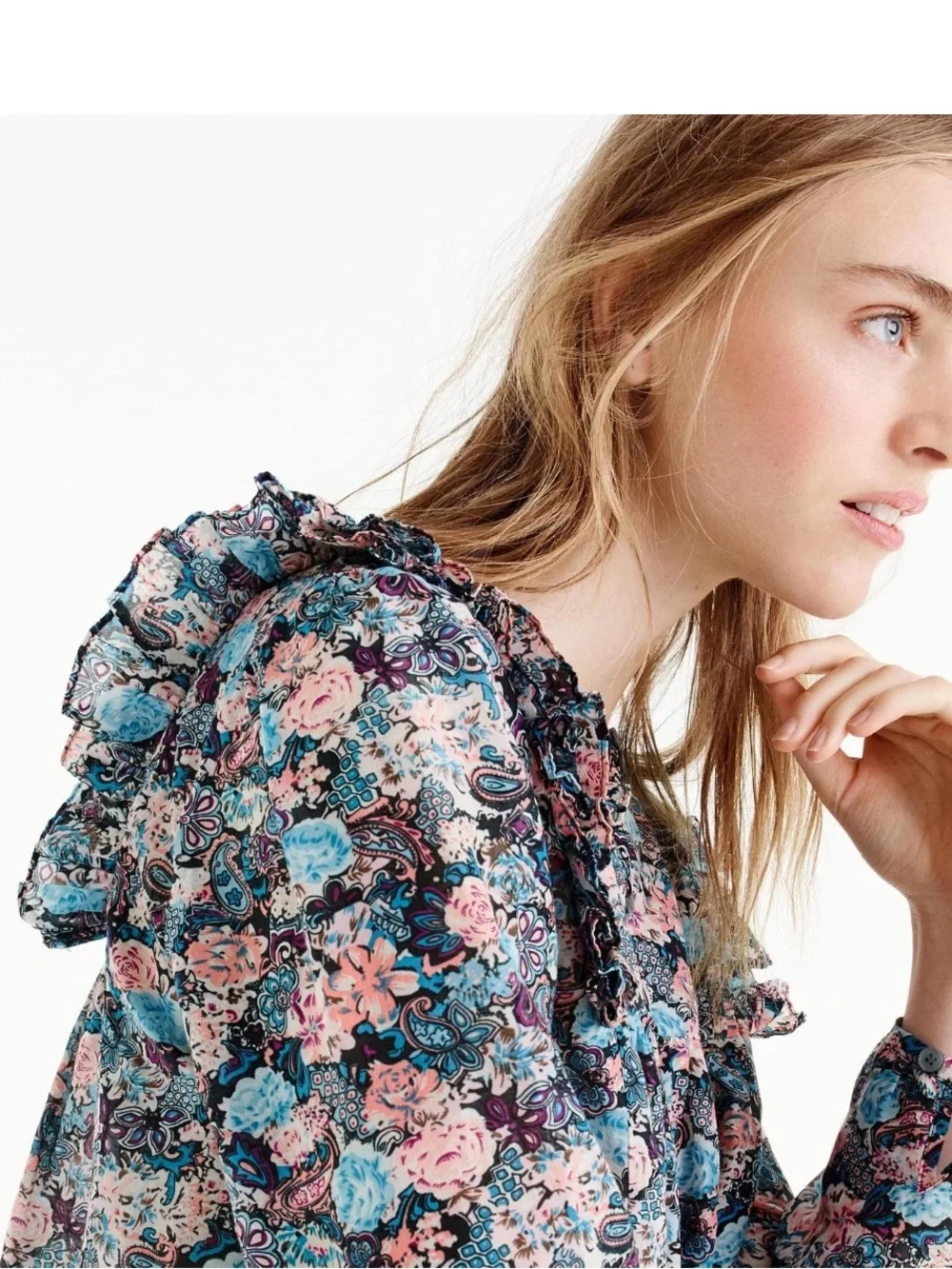 J Crew Ruffle Top Sz M Long Sleeve Blue Pink Paisley Floral Cotton Silk Bohemian